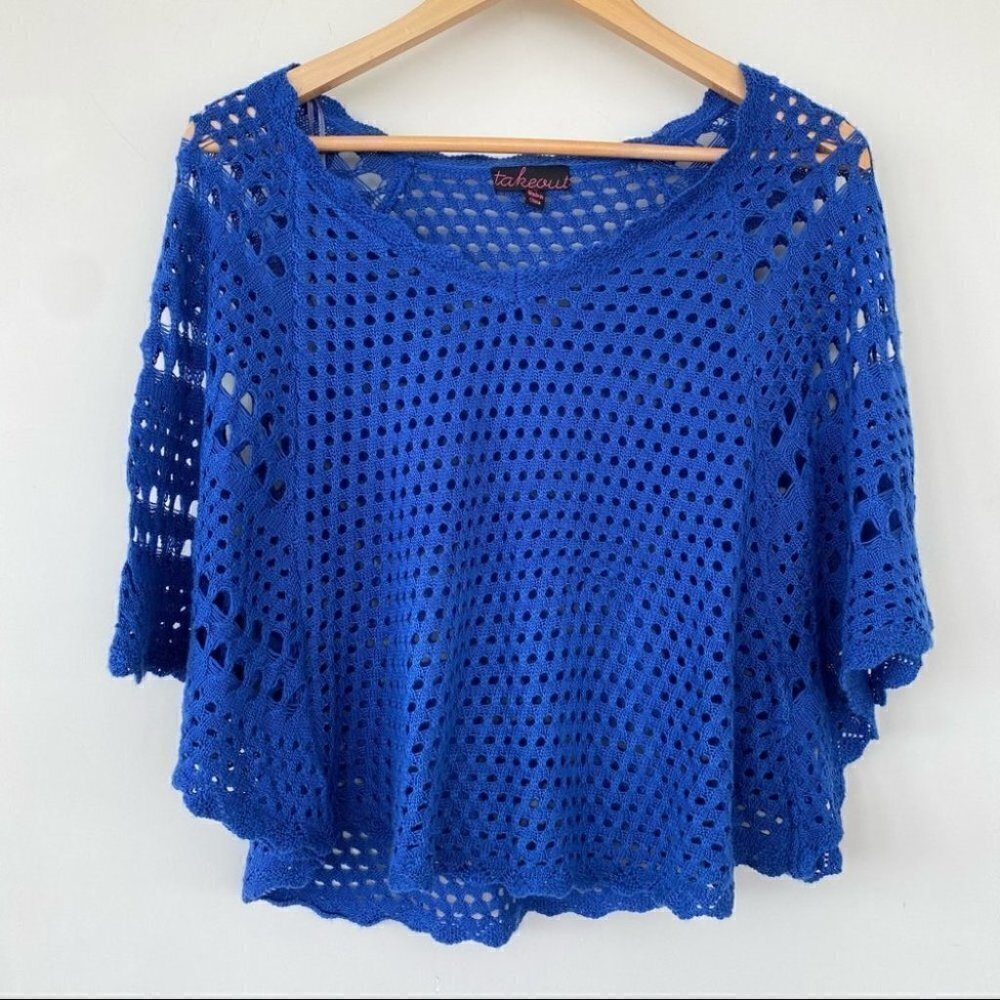 Open knit sweater with bat wing sleeves, crochet knit